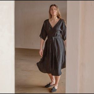 Hackwith Design House linen blue/white striped wrap dress